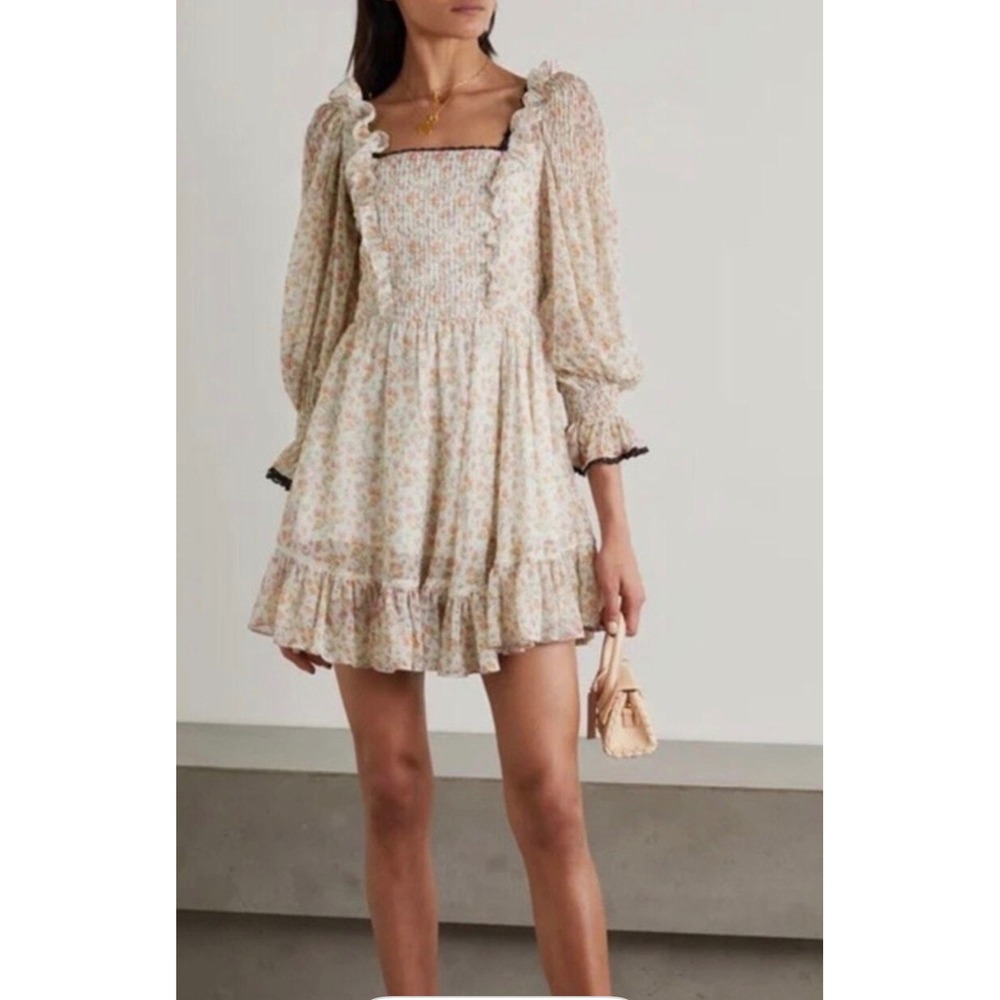 Lug Von Siga Madison Shirred Floral Print Crepe de Chine Mini Dress Size 36 US 4